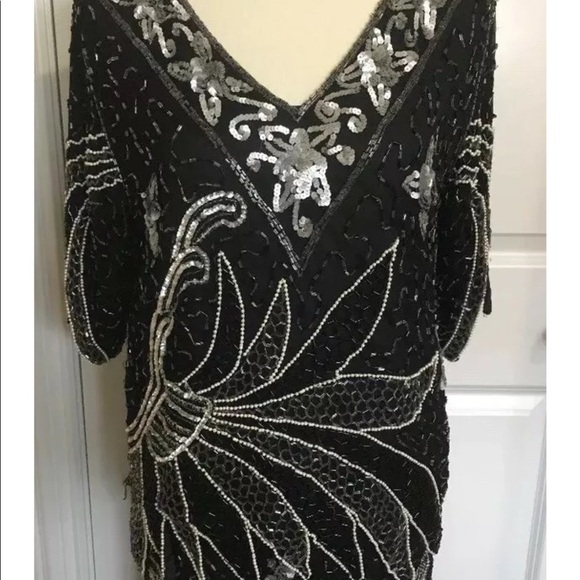 Linsiano Womens Vtg Medium Silk Black Silver Sequins Beads Pearls VLV Formal - Picture 2 of 8